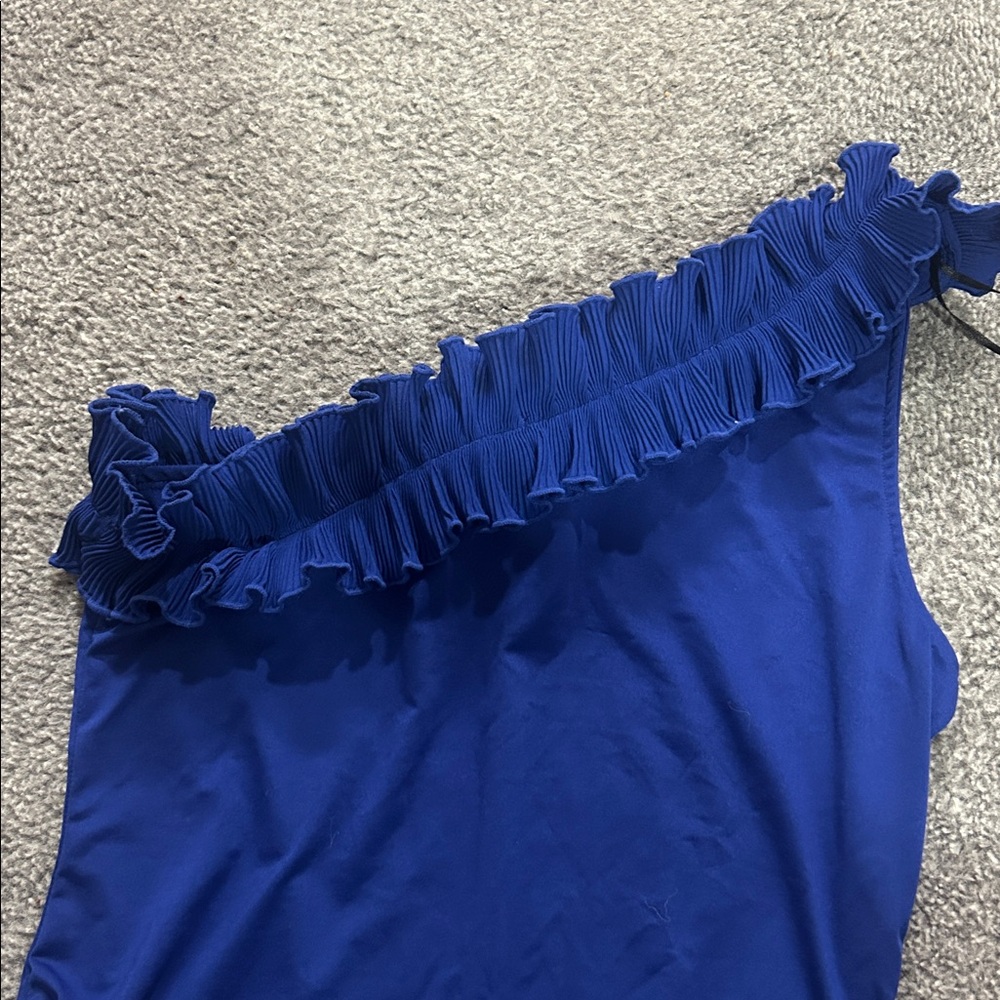 One-Shoulder Ruffle Blue Bodysuit - Picture 2 of 3